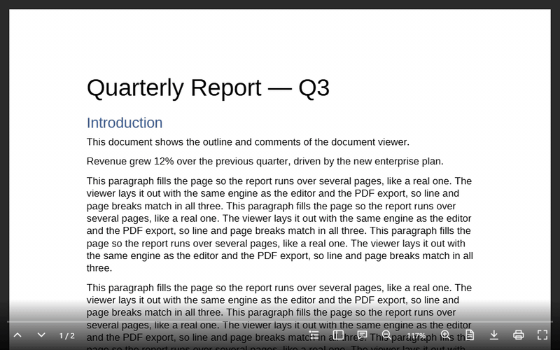 The document viewer: pages, outline, comments and zoom